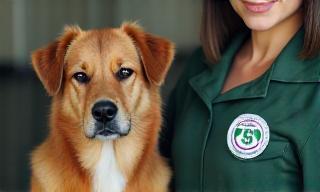 Trainer with certification badge and well-behaved dog