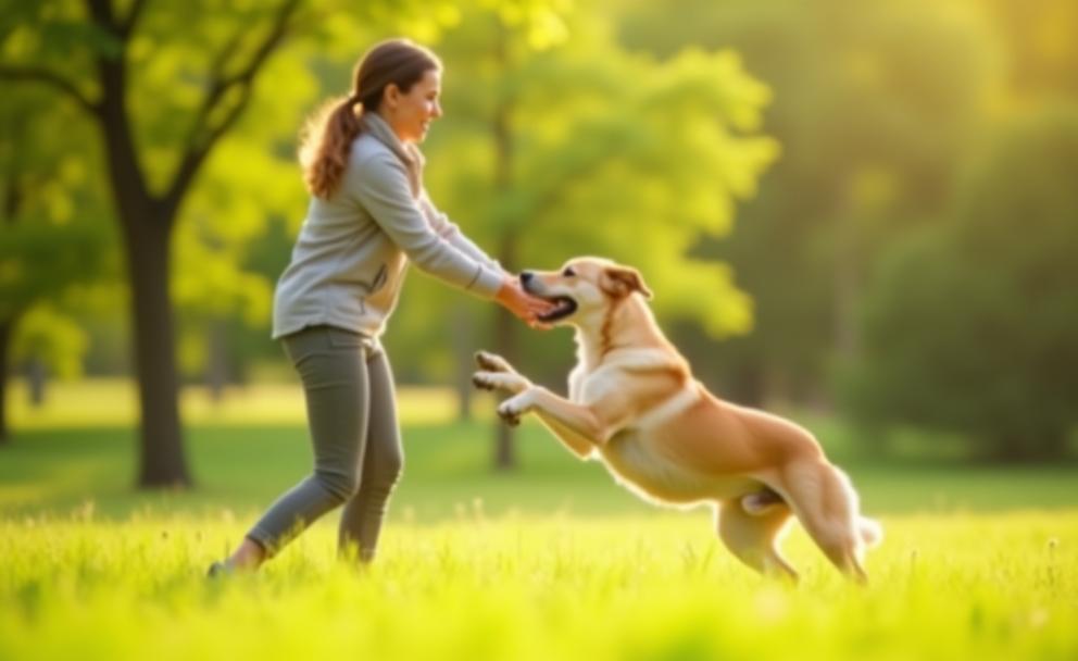 Trainer playing with an obedient happy dog outdoors